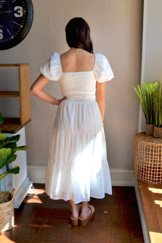 White puff sleeve eyelet midi dress
