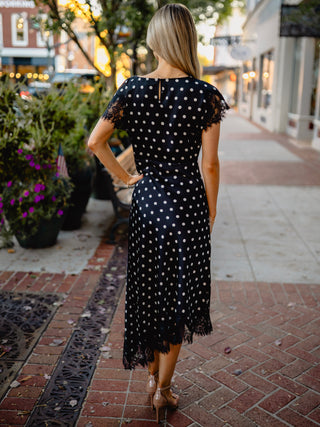 Black polka dot lace trim midi dress