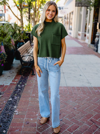 Green drop shoulder pocket sweater