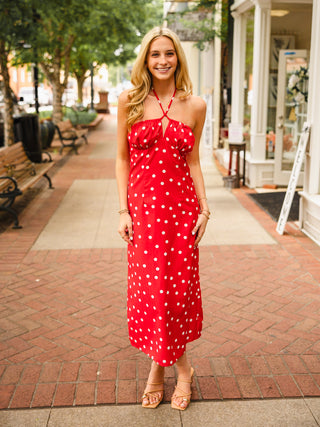 Red polka dot strapless dress