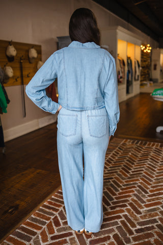 Washed denim tie front pants