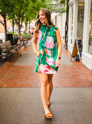 Green Floral Print Sleeveless Dress