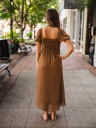 Camel polka dot sweetheart midi dress