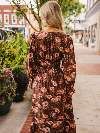 Dark brown floral print long sleeve midi dress