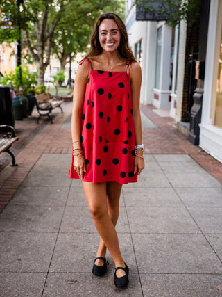 Red & black polka dot barrel dress