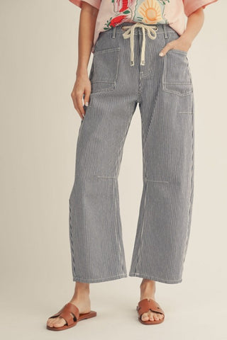 Drawstring waist stripe barrel pants
