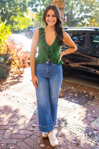Green ruffle trim sleeveless sweater