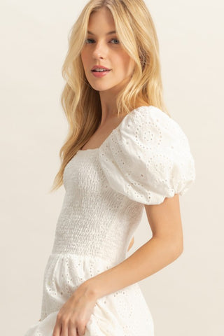 White puff sleeve eyelet midi dress