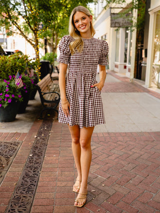 Brown gingham smocked dress