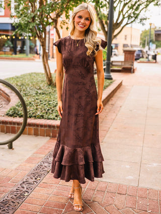 Dark brown jacquard midi dress