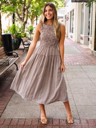 Brown smocked gingham midi dress