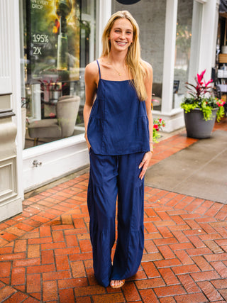 Navy Linen Tiered Pants