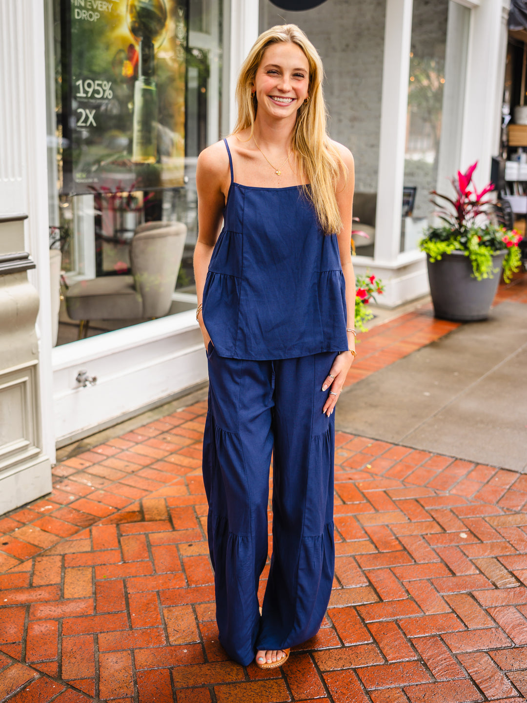 Navy Linen Multi-Tiered Paneled Tank Top | ImageBoutique