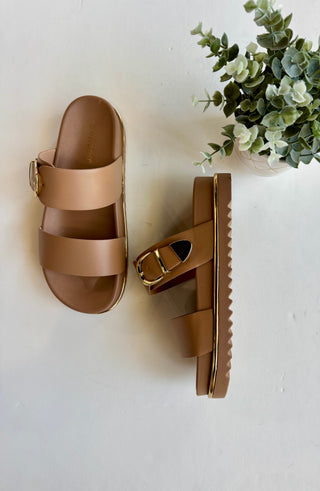 Tan two strap gold buckle sandal