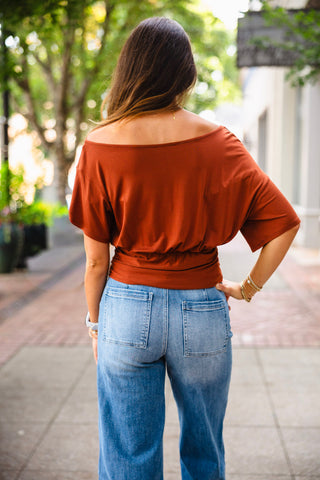 Slouchy off the shoulder ruched top