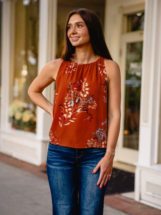 Brown floral print sleeveless blouse