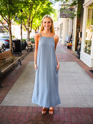 Dusty Blue Pinstripe Linen Blend Dress