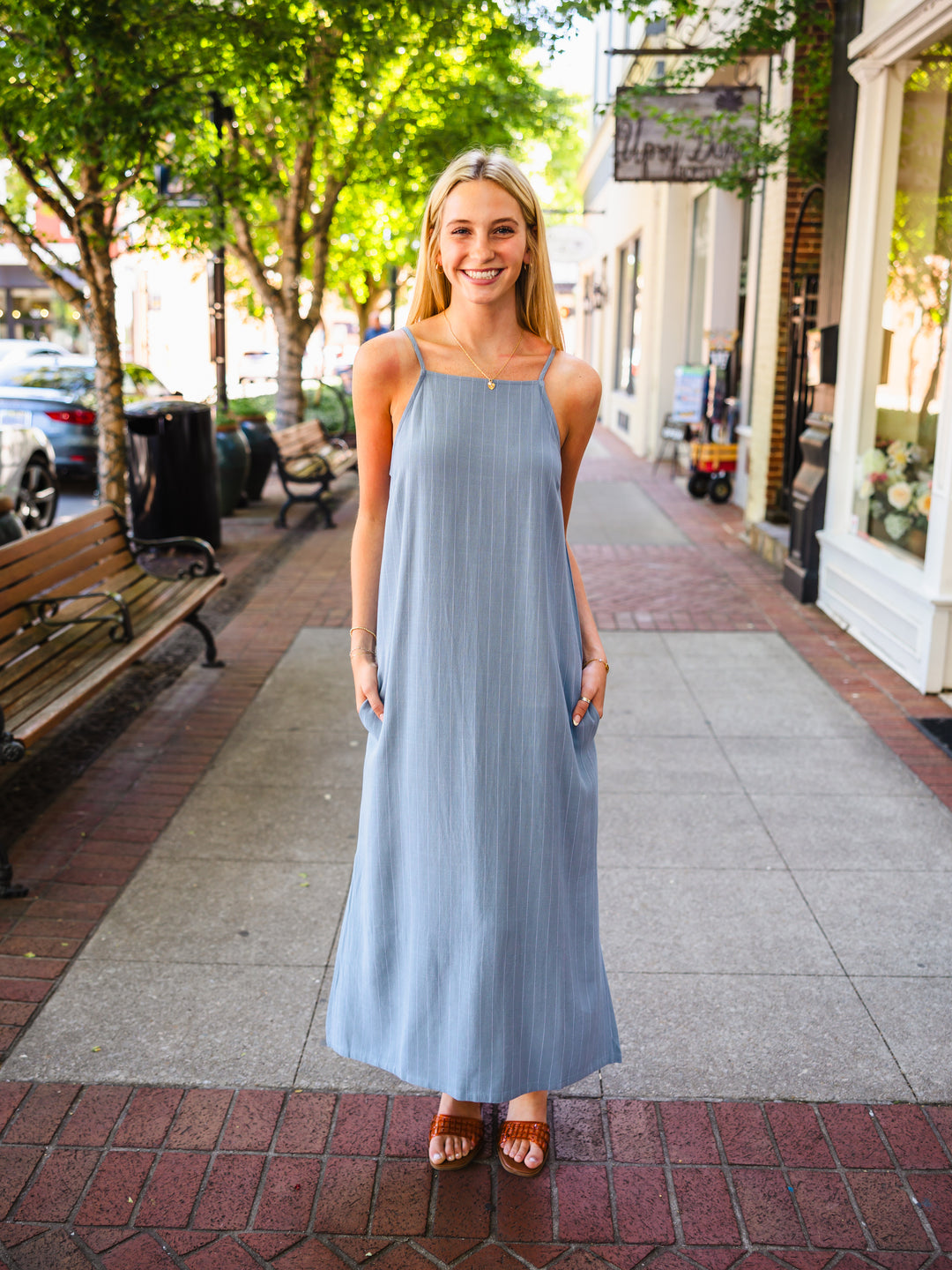 blue pinstripe dress Button Down Pintucked Waist no woman should be without Women's Black Pinstripe Button Down