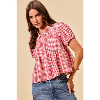 Check button front puff sleeve blouse