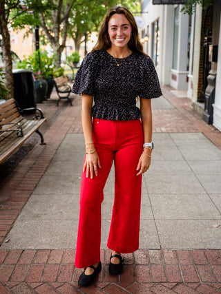 Entro Black polka dot puff sleeve smocked blouse