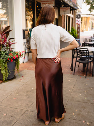 Dark brown satin midi skirt