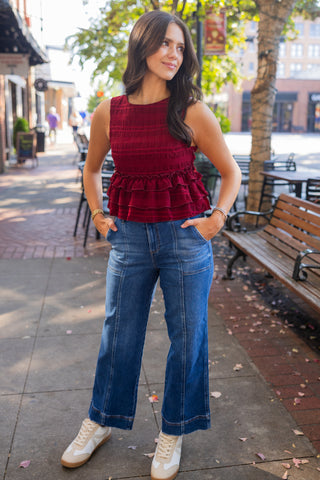 Burgundy ruffle tiered top