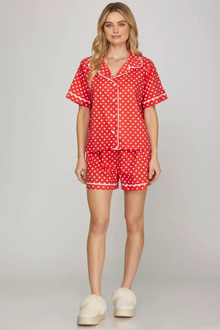 Red heart print pajama shorts