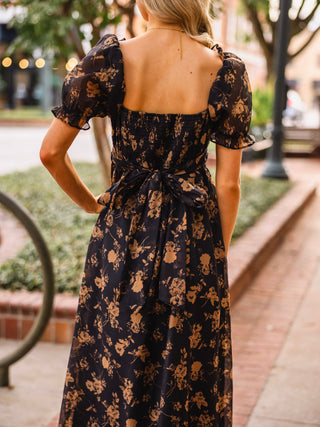 Black floral print midi dress