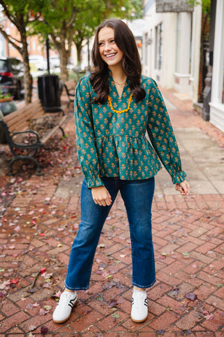 Teal print LS peplum top