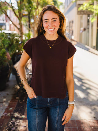 Brown rib textured short sleeve top