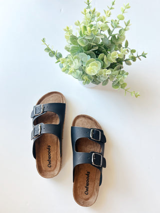 Black double strap slip on sandal