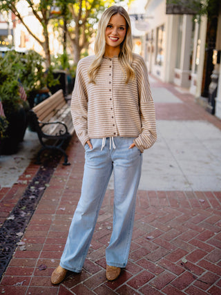 Striped drop shoulder button down cardigan