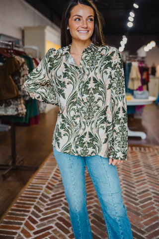 Olive print LS blouse