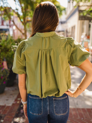 Olive short puff sleeve bubble hem blouse