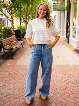 Elastic waist wide leg denim pants