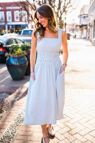 Cream & blue striped dress