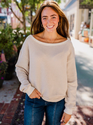 Cream & taupe stripe LS pullover