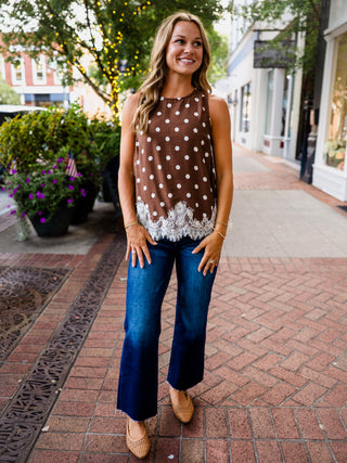 Brown polka dot lace trim blouse