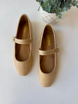 Natural raffia mary jane flats