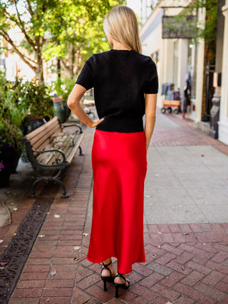 Red satin midi skirt