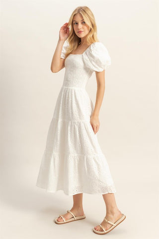 White puff sleeve eyelet midi dress