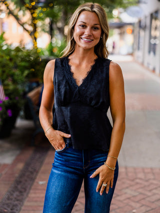 Satin jacquard lace trim top