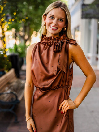 Brown polka dot ruffle detail midi dress