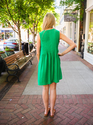Pintuck Sleeveless Tie Front Dress