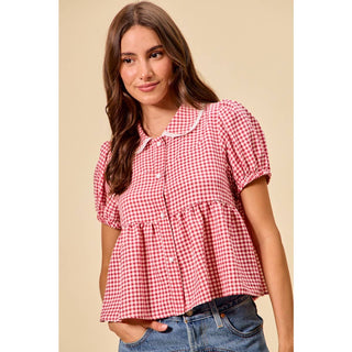 Check button front puff sleeve blouse