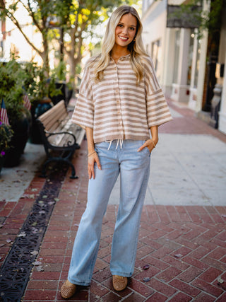 Striped raw edge button front cardigan