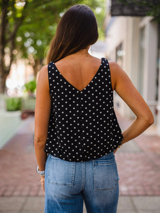 Black polka dot braided strap top