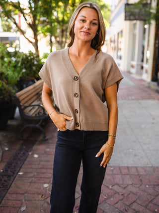 Taupe V-Neck Button-Front Sweater Vest