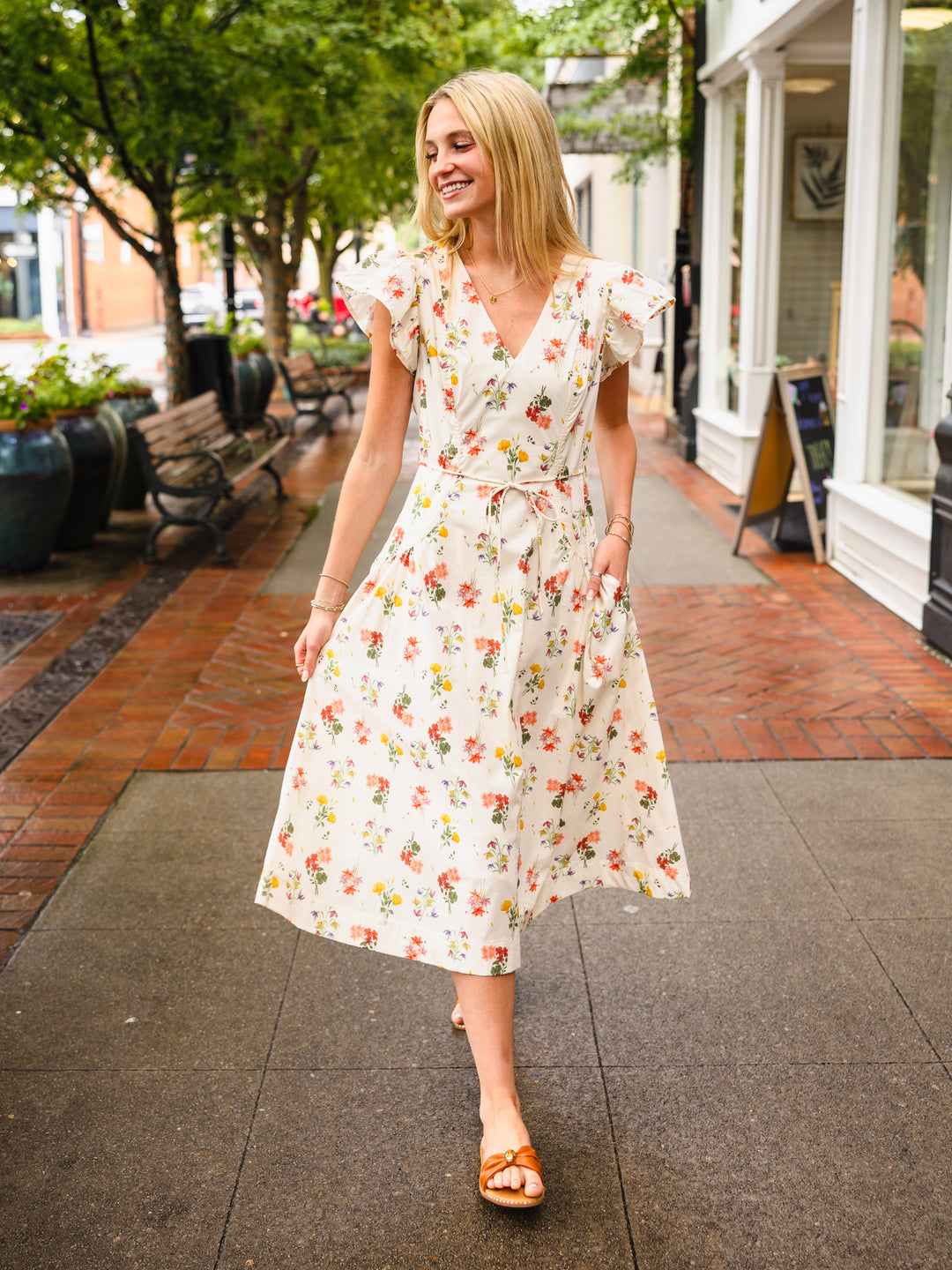 ivory floral dress Ivory Floral Print Midi Dress | 100% Cotton