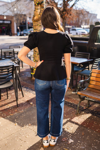 Black puff sleeve peplum top